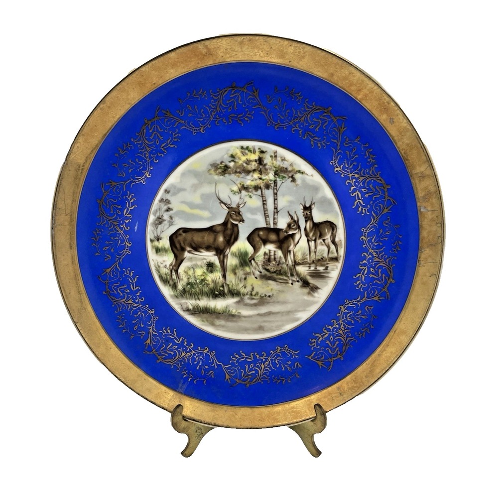 Vintage Bavaria Germany Gilt Cabinet Plate Blue & Gold‎ w/Deer 10.5"
